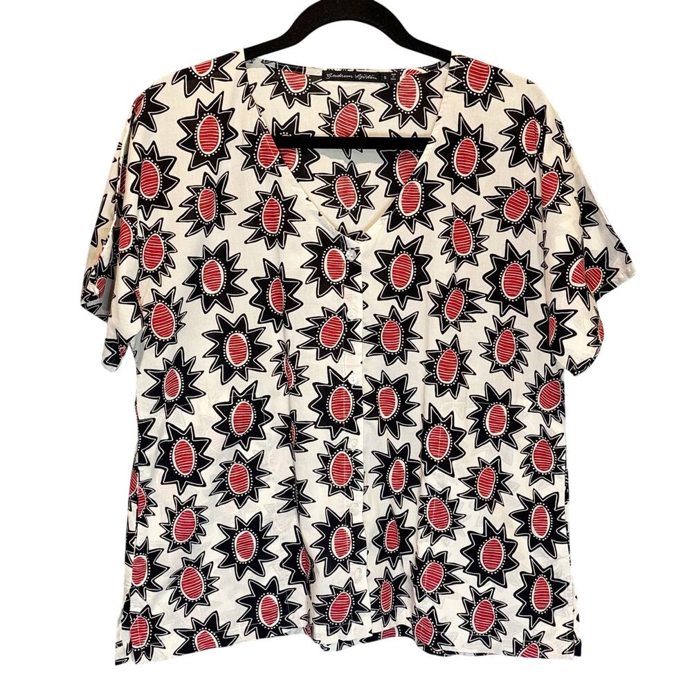 Gudrun Sjoden Abstract Floral Short Sleeve Button Down Cotton Shirt - size Small